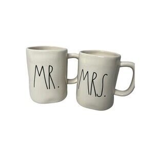 Rae Dunn Magenta Mr. & Mrs. Ceramic Farmhouse Coffee Beverage Mugs M Stamp